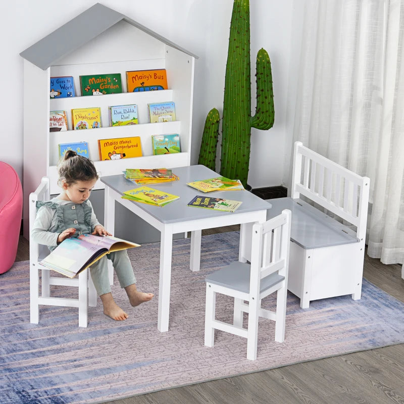 4-Piece Kids Table & Chair Set - 2 Wooden Chairs, Storage Bench, Modern Design, Grey/White - Perfect for Playrooms