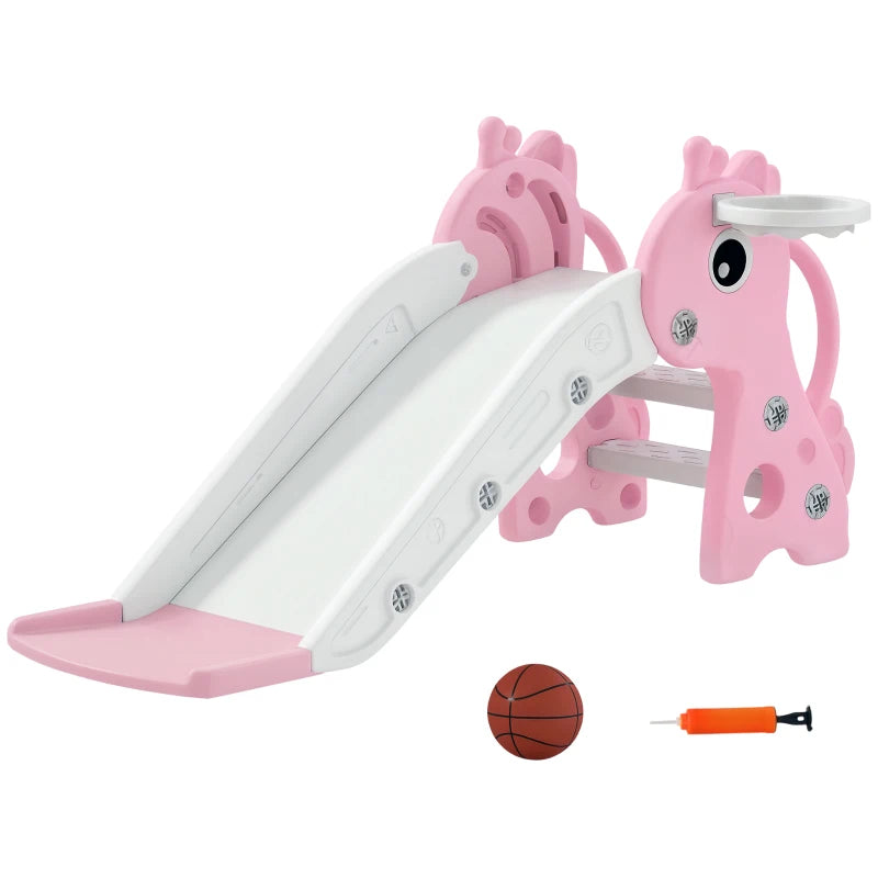 Giraffe Shape 3 in 1 Kids Slide Climber with Basketball Hoop for Indoor Play Age 1-3 Pink