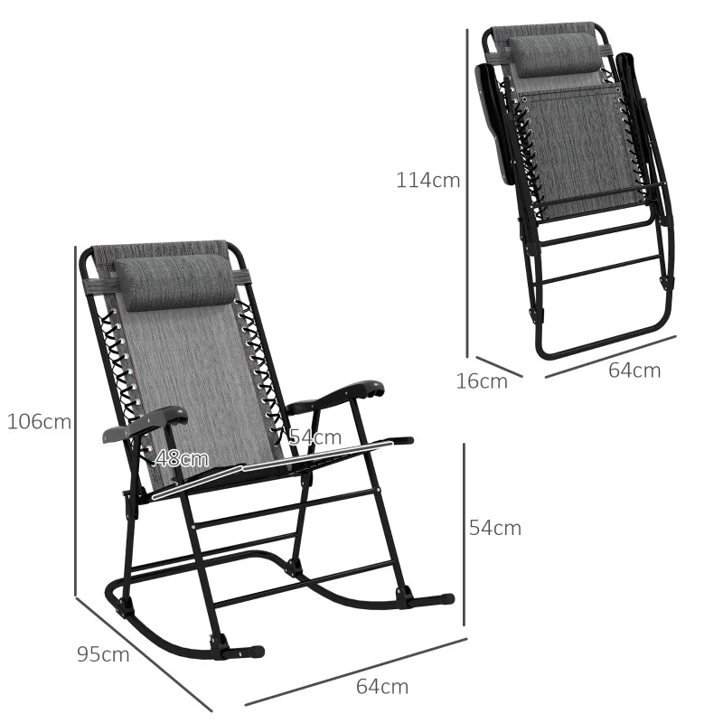 Grey Folding Rocking Chair with Headrest for Outdoor Use