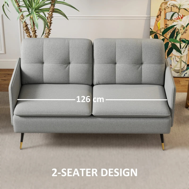 Modern Grey Two-Seater Sofa with Button Tufting and Cushions for Living Room or Guest Room