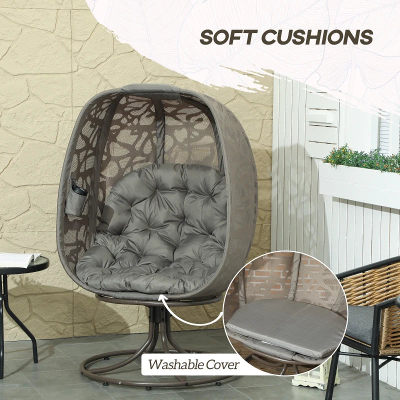 Swivel Egg Chair with Cushions - Foldable Basket Seat, Metal Frame, Indoor Outdoor Lounge Chair for Balcony, Poolside, Patio and Living Room - Sand Brown, Large Size