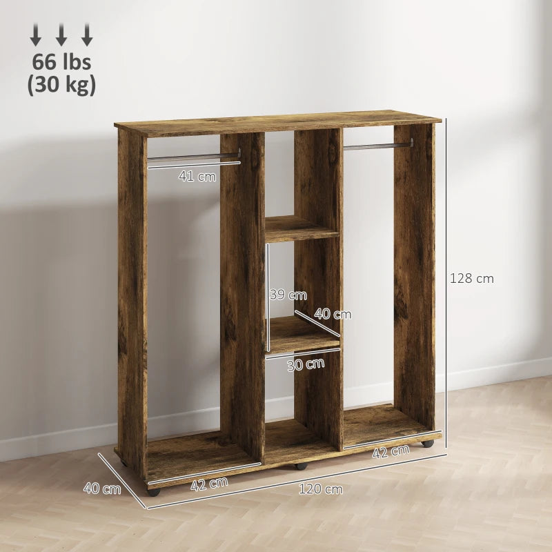 Rustic Brown Double Mobile Open Wardrobe with 6 Wheels and Storage Shelves Organizer