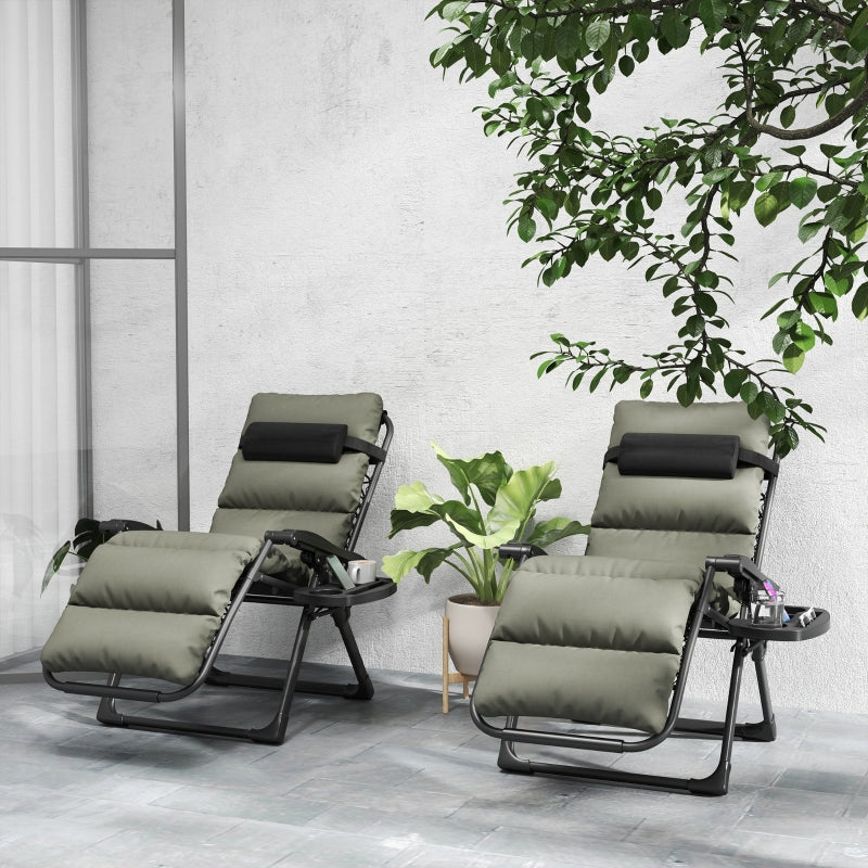 Set of Two Grey Reclining Sun Loungers with Cushions - Adjustable Outdoor Chairs