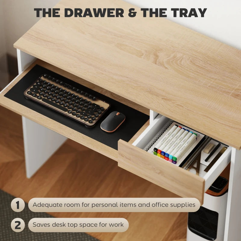 100cm Compact Oak Computer Desk with Keyboard Tray & Drawer - Ideal Home Office & Bedroom Study Furniture
