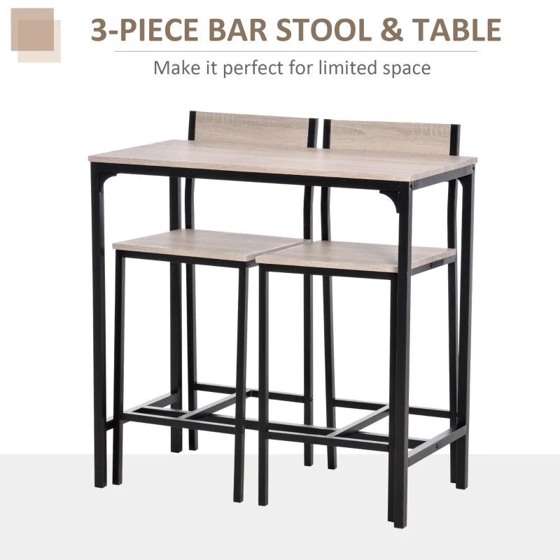 3-Piece Industrial Bar Table Set with 2 Stools, Footrest & Backrest - Perfect for Small Dining Spaces