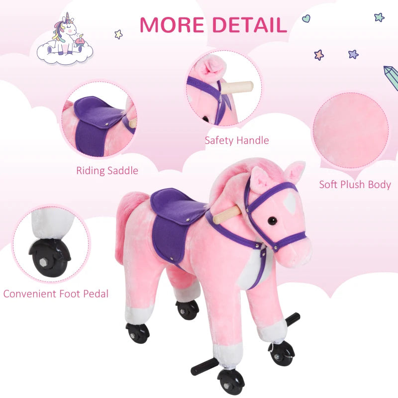 Plush Rocking Horse Ride On Toy for Kids with Sound for Ages 2 and Up Pink