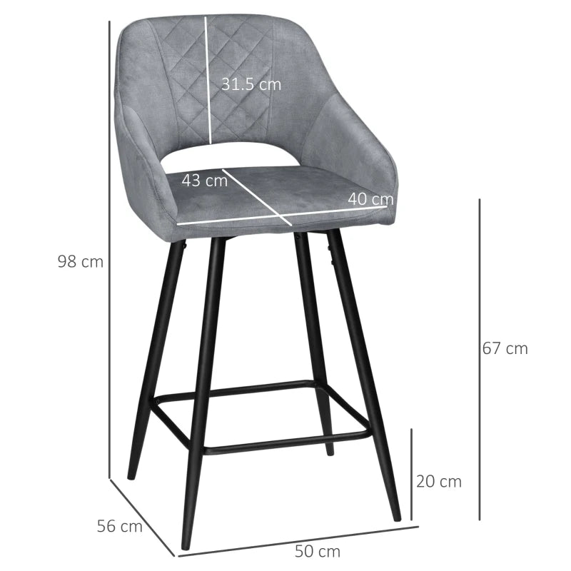 Set of 2 Velvet Bar Stools - Counter Height Kitchen Chairs with Steel Legs - Stylish Grey Dining Area Barstools