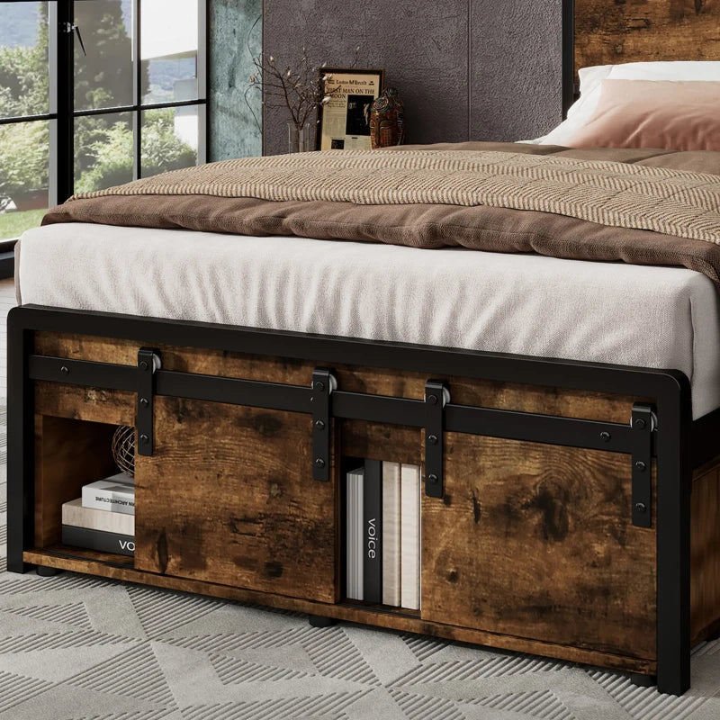 Modern Metal Single Bed with LED Lights & USB Charging Ports, Sturdy Iron Slats, Black & Natural, 209x90.5x114.5 cm