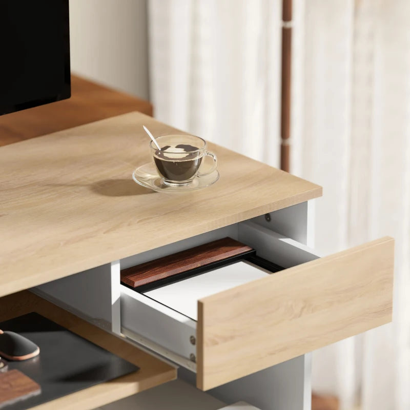 100cm Compact Oak Computer Desk with Keyboard Tray & Drawer - Ideal Home Office & Bedroom Study Furniture