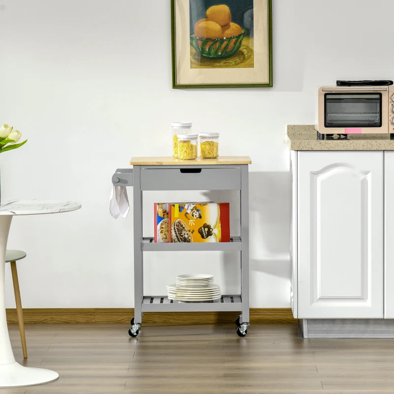 Grey Kitchen Trolley Utility Cart on Wheels with Rubberwood Top, Towel Rack, Storage Shelves & Drawer for Dining Room