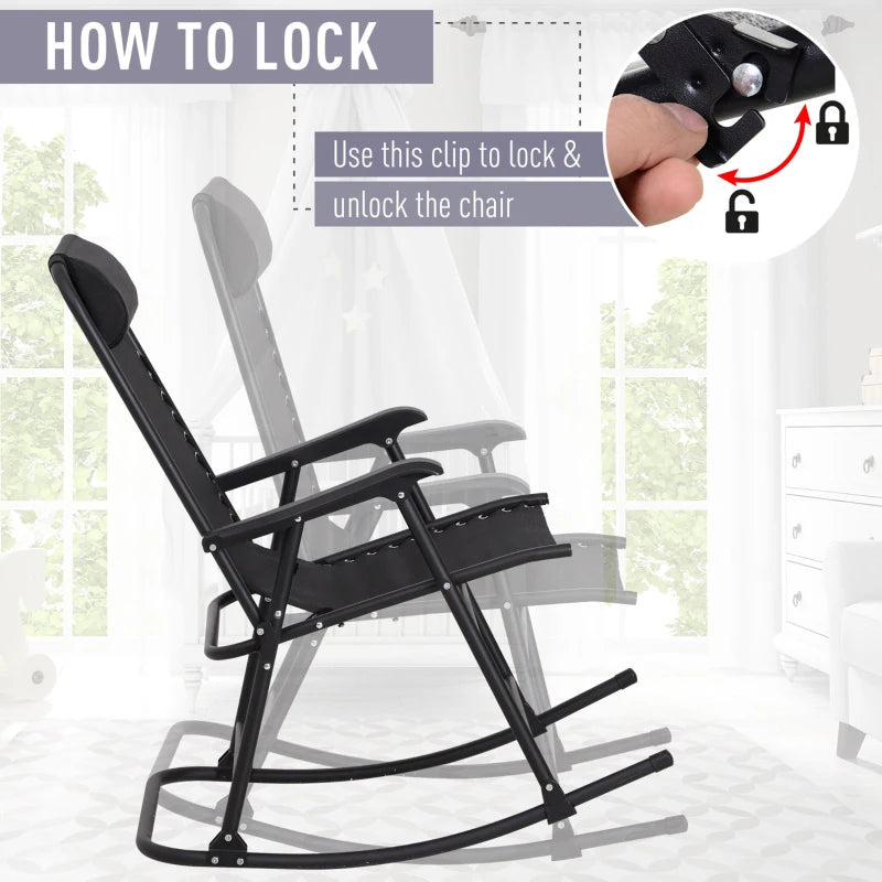 Black Folding Rocking Chair with Headrest for Outdoor Use