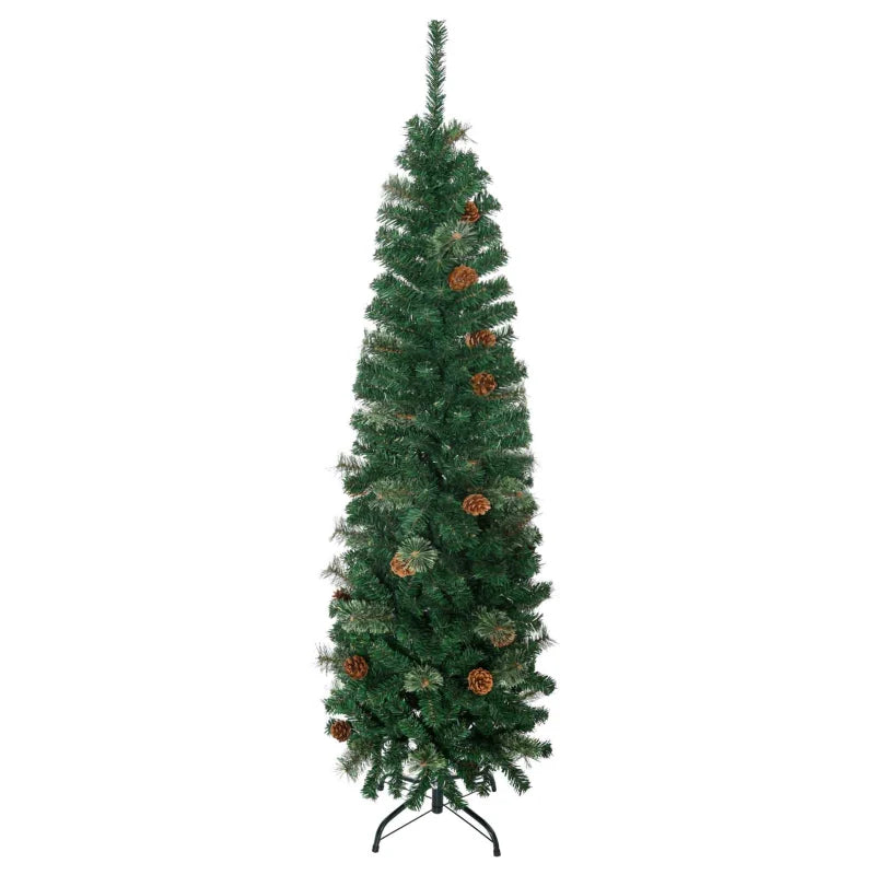 5.5FT Slim Pencil Artificial Christmas Tree with Realistic Branches, Pine Cones & Needles - Perfect Xmas Decoration, Green