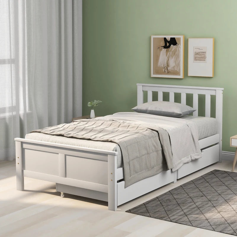 Wooden Solid Pine Divan Storage Bed with Drawers - Single 3ft, 196x100x82 cm, Stylish White Finish