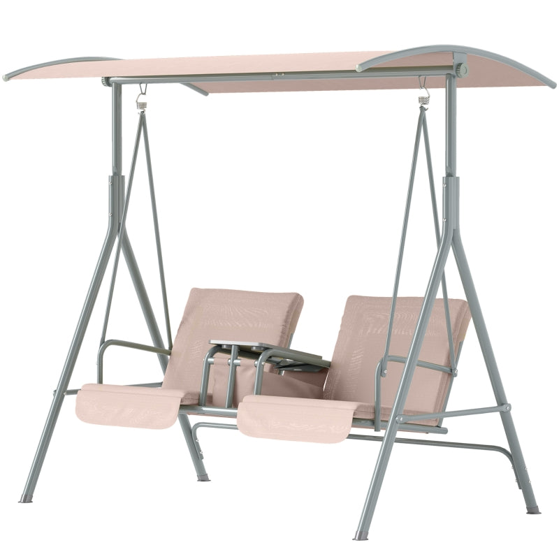Beige 2-Seater Garden Swing Chair with Tilting Canopy, Double Padded Seats, Storage Bag and Tray