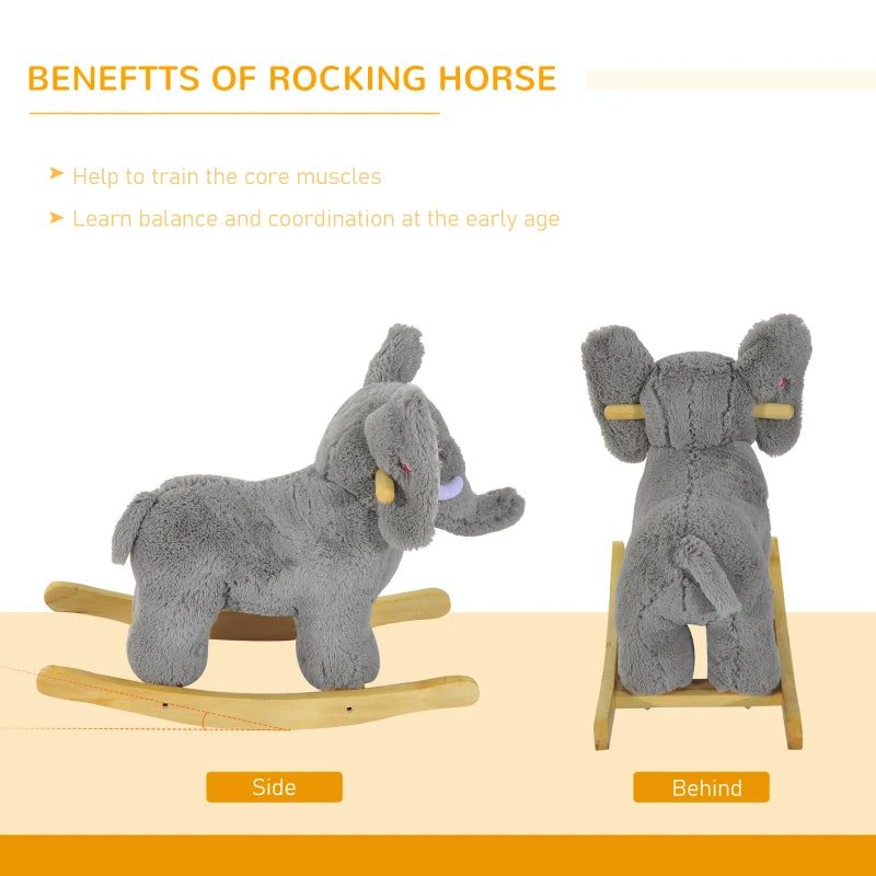 Kids Grey Elephant Rocking Horse Plush Ride-On Animal - Traditional Wooden Rocker with 32 Nursery Rhymes - Perfect Gift!