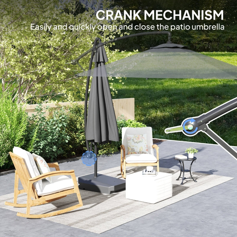 3m Grey Garden Cantilever Parasol with Fillable Base, Wind Protection Strap, Cover, Crank Handle & Tilt - UPF50+
