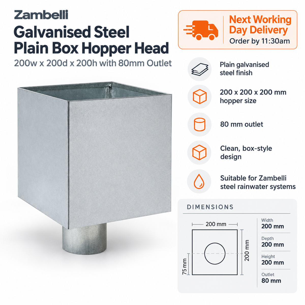 Zambelli Galvanised Steel Plain Box Hopper Head 200w x 200d x 200h with 80mm Outlet