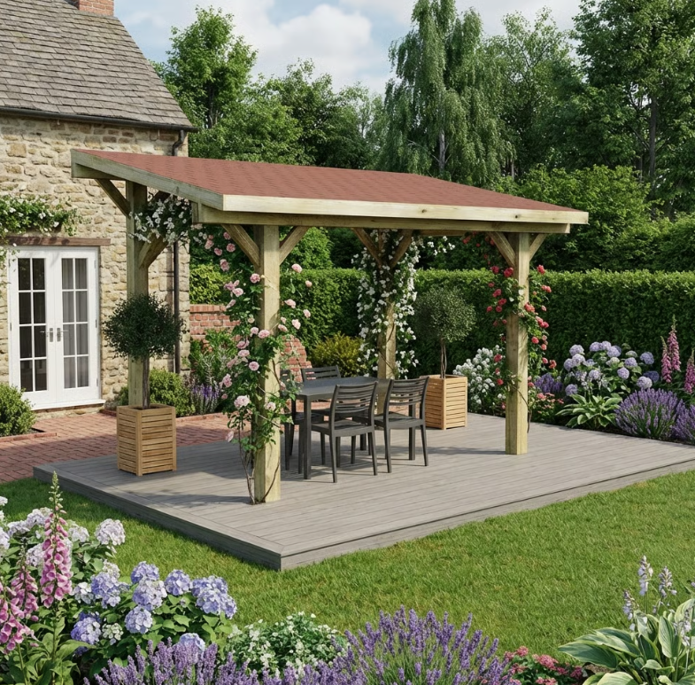 Wooden Lean-To Gazebo with Red Katepal Shingle Roof - Premium Wall-Mounted Garden Gazebo