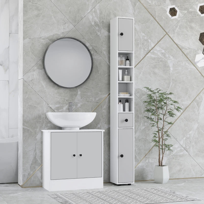 180cm Slim Bathroom Cabinet with Drawer Shelves and Cupboards in Light Grey