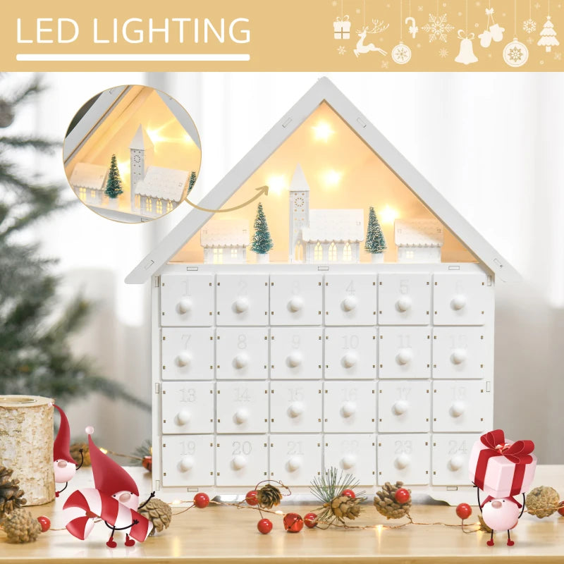 24-Drawer Light-Up Wooden Christmas Advent Calendar - Traditional Holiday Countdown Decoration for Kids & Adults - White House Design