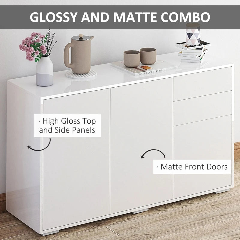 High Gloss White Side Cabinet with Push-Open Design, 2 Drawers & 2 Cabinets, 74H x 117W x 36Dcm for Living Room