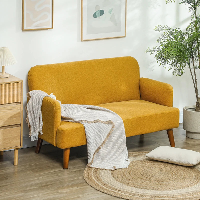 Velvet Feel Fabric 2-Seater Loveseat Sofa with Thick Padding and Wooden Legs in Yellow