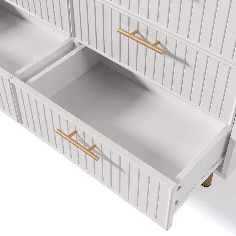 Modern White Sideboard Cabinet for Living Room - 6-Drawer Chest with Metal Base & Decorative Handles, 120x40x75.5 cm