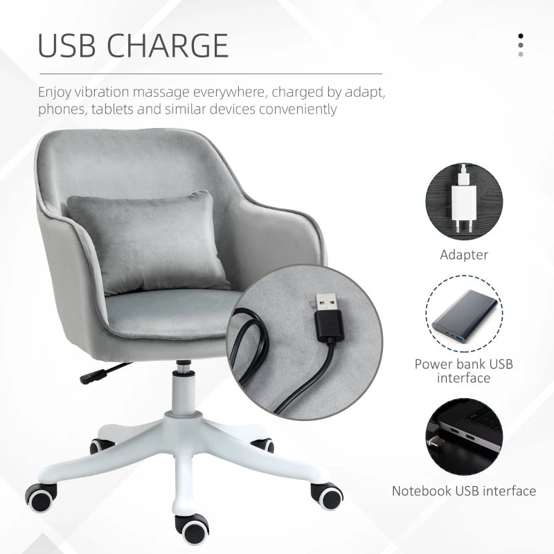 Vinsetto Grey Velvet Office Chair with Massage Lumbar Pillow, Rolling Wheels - Stylish Desk & Makeup Vanity Chair for Home