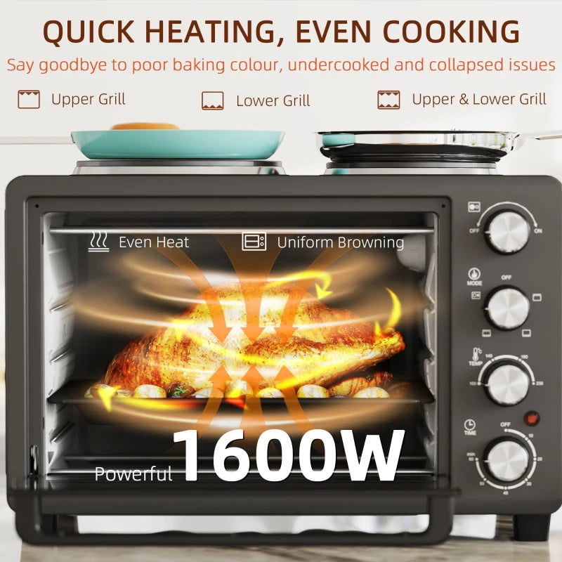 28L Electric Mini Oven with 2 Hot Plates - Countertop Toaster Oven for Baking, Grilling & Roasting - 2600W, Black