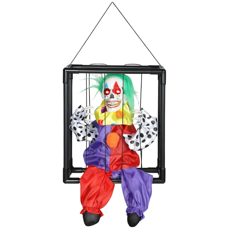 Spooky Animated Clown in Cage with LED Eyes - Scary Halloween Decoration, Battery Operated Indoor Party Prop
