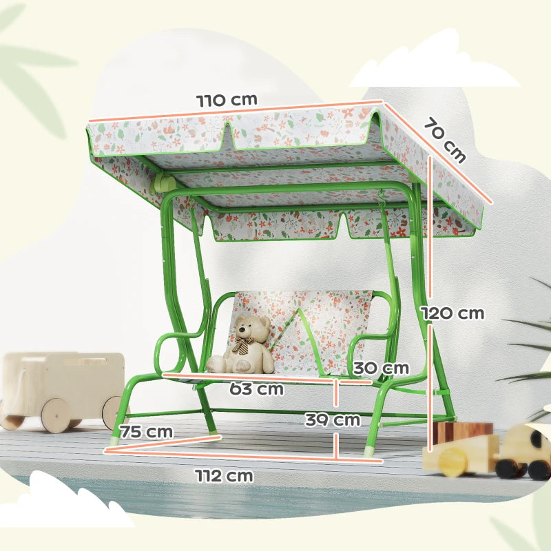 Kids Garden Swing Chair - Green 2 Seater Hammock with Adjustable Canopy & Safety Belt for Patio and Porch