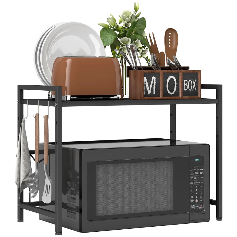 Expandable Microwave Oven Rack with 3 Hooks - Space-Saving Kitchen Organizer, Black - Perfect for Small Spaces