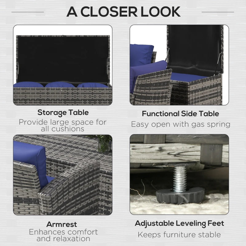 6-Piece Navy Blue Rattan Garden Furniture Set - 7-Seater Wicker Outdoor Sectional Sofa with Cushions & Storage Tea Table