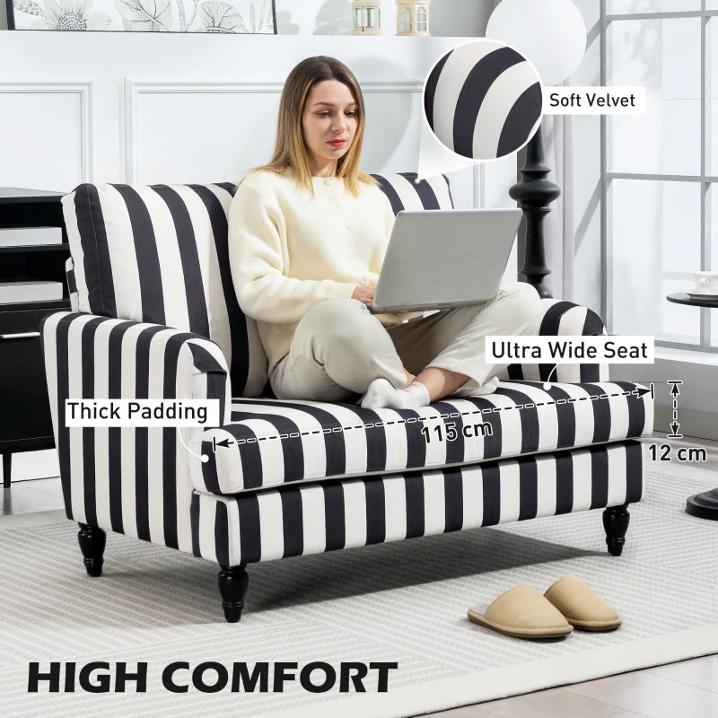 Stylish Velvet Cuddle Chair with Striped Design, Turned Legs and Spacious Seat for Living Room or Bedroom