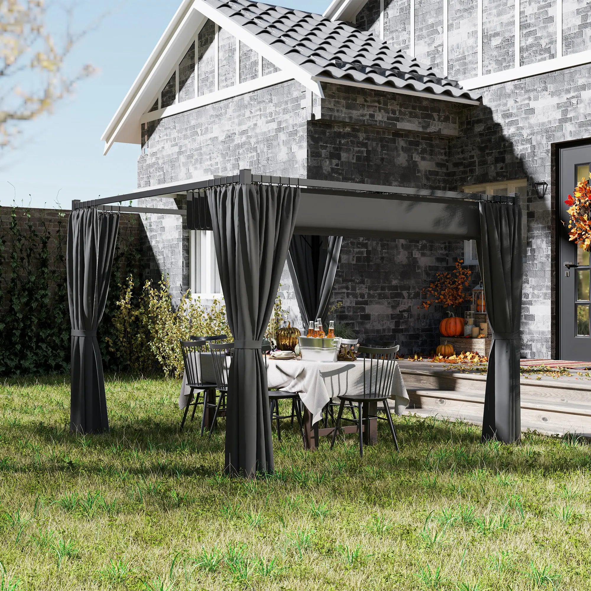 Charcoal 3m x 3m Retractable Pergola Shelter with Curtains - Perfect For patios