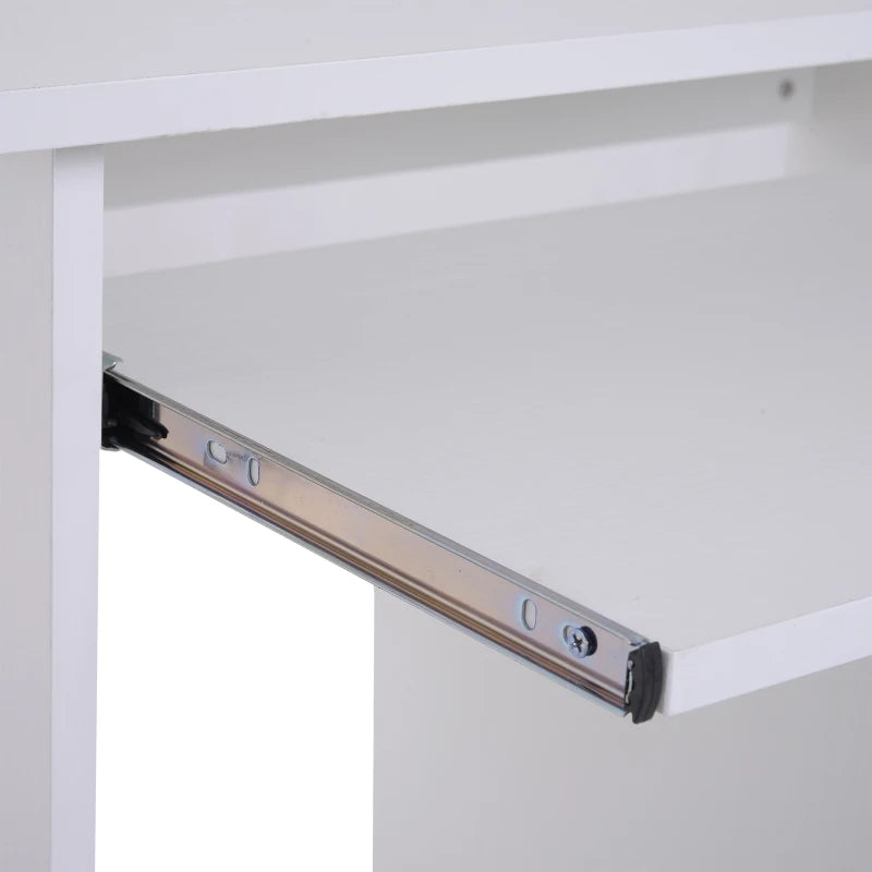 Compact Modern White Wooden Computer Desk with Keyboard Tray & Storage Shelf - Ideal Corner Table for Home Office