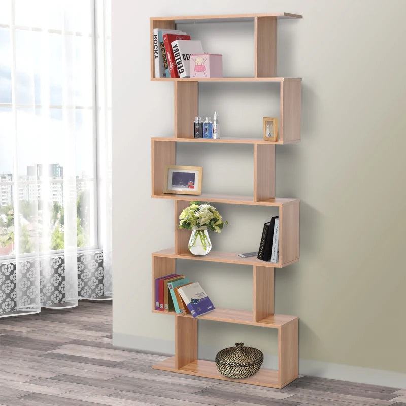 Unique 6-Tier S-Shaped Bookcase - Stylish Storage & Display Shelf for Living Room, Bedroom, Home Office, Plants - Maple Finish