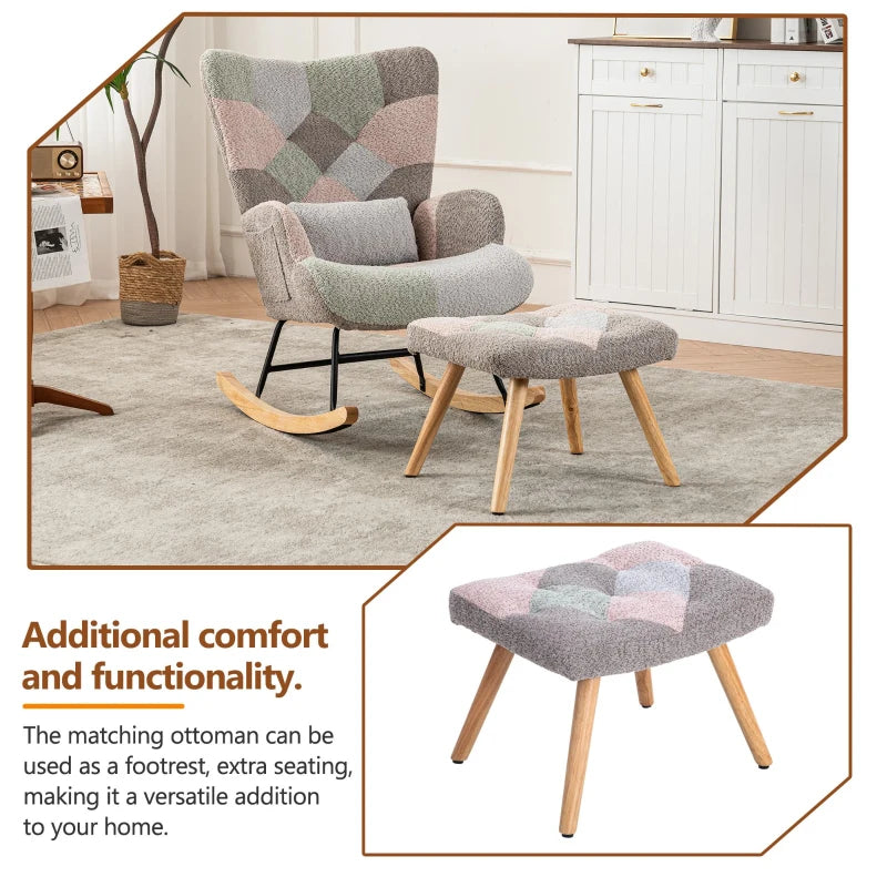 Stylish Rocking Garden Chair Set with Footstool and Pillow, Wingback Design, Solid Wood Legs, Blue and Grey