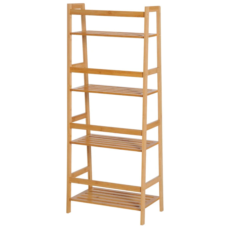 Bamboo Ladder Shelf - 4-Tier Freestanding Bookcase for Living Room, Study & Home Office - Natural Wood Effect, 48x31.5x120cm