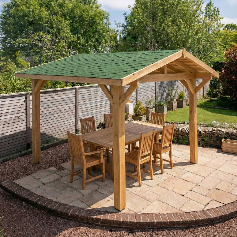 Ruby Oak Wooden Gazebo with Green Shingle Roof - Apex Design Garden Gazebo with Overhang