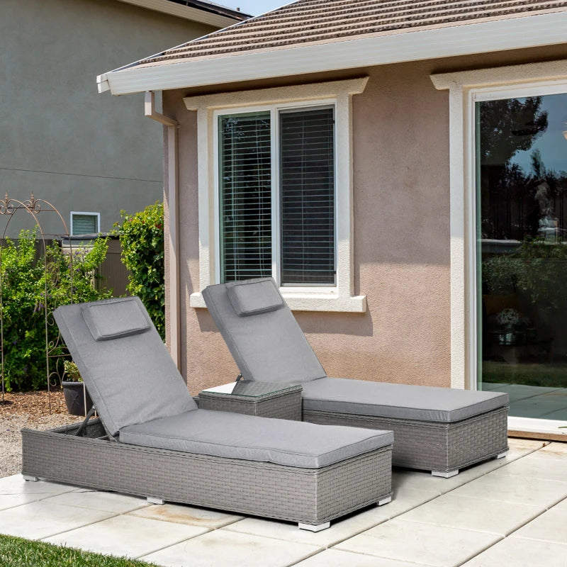 Grey Rattan Sun Lounger Set with Side Table