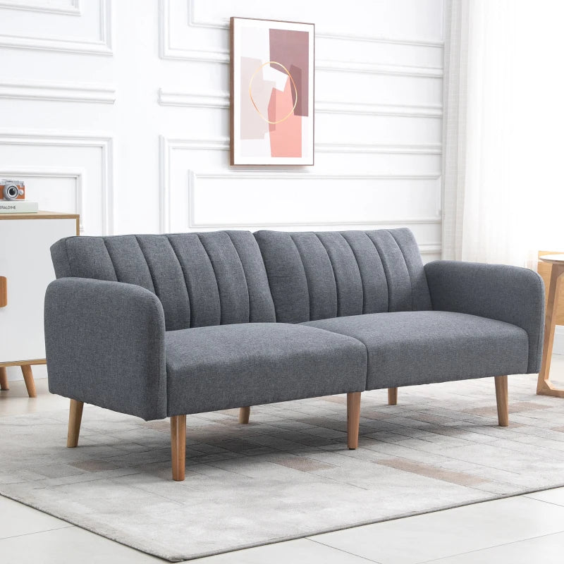 Convertible 3-Seater Sofa Bed in Grey Linen Fabric with Adjustable Split Backrest for Living Room or Bedroom