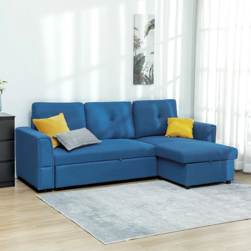 L-Shaped 3-Seater Sofa Bed with Storage – Convertible Click Clack Futon for Living Room, Dark Blue