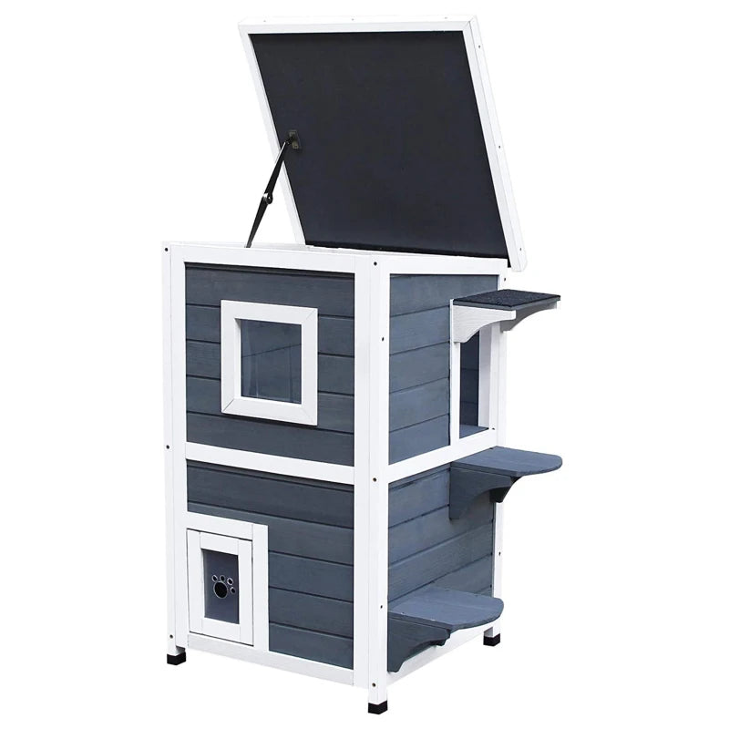 Wooden Cat House - 2-Floor Outdoor Kitten Shelter with Window - Stylish Grey Design for Cats and Kittens