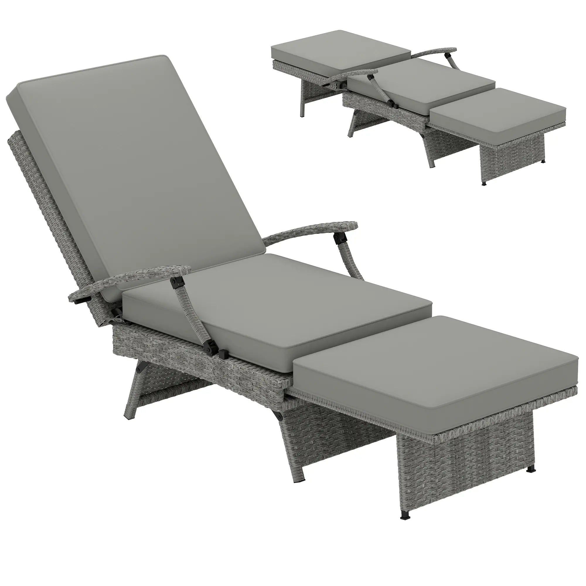 80° Reclining Rattan Lounger With Padded Cushions - Grey