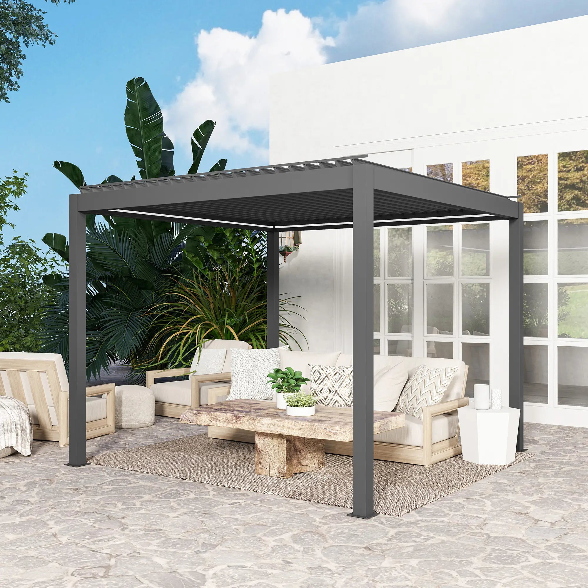 3m x 3m Electric Louvered Pergola with LED Lights - Solid Aluminium Hardtop Gazebo with Remote, Adjustable Roof and Drainage System, Water and UV Resistant