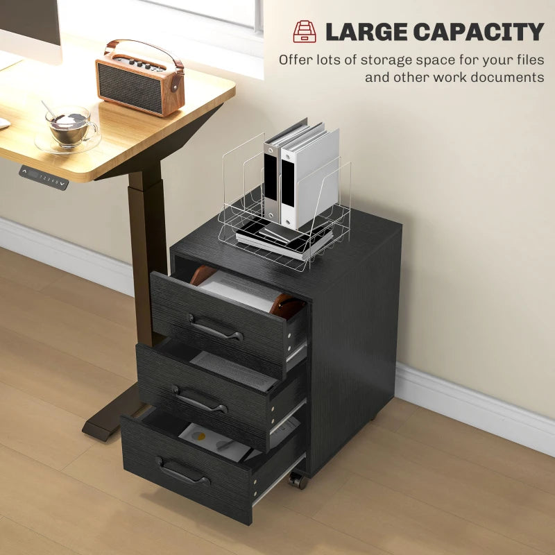 Mobile 3 Drawer File Cabinet on Wheels - Black Filing Cabinet for Home Office & Study - Stylish & Functional Storage