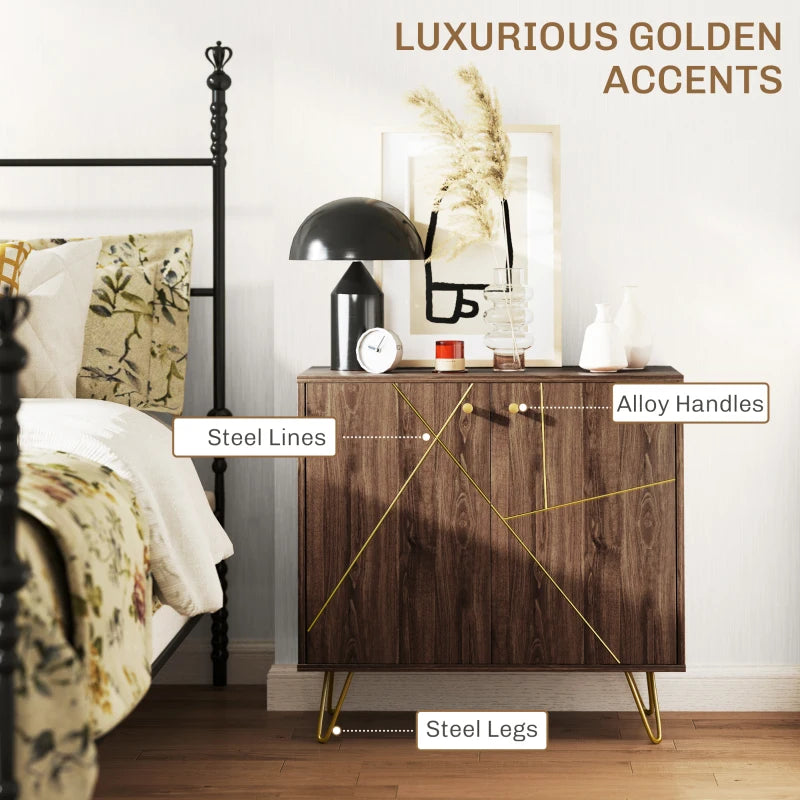 Modern Luxury Sideboard Storage Cabinet with Golden Lines, Adjustable Shelf, Steel Hairpin Legs - Brown Living Room Furniture