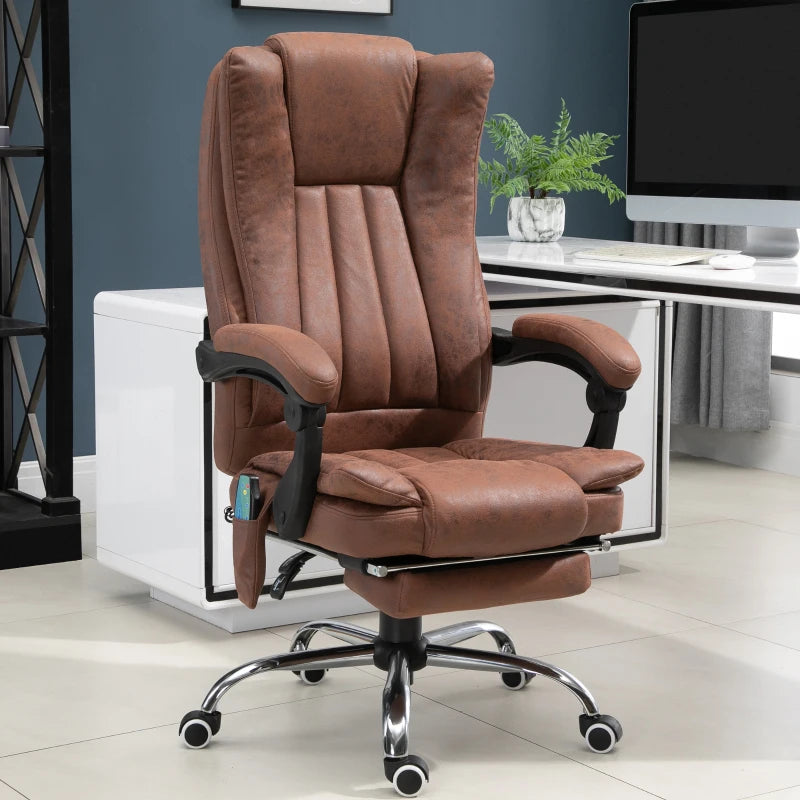 Vinsetto Brown Office Chair with Massage & Heat, Reclining Microfibre Desk Chair with Footrest, Adjustable Height & Swivel Wheels
