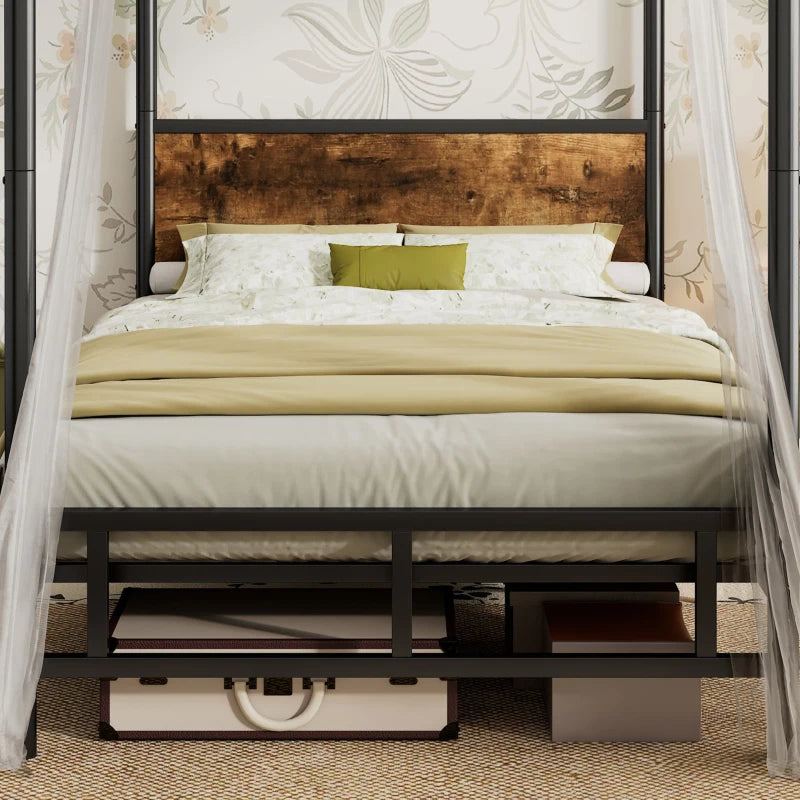 Durable Metal Canopy Bed Frame with Wood Headboard - Easy Self-Installation, Black, 195L x 90.5W x 192H cm